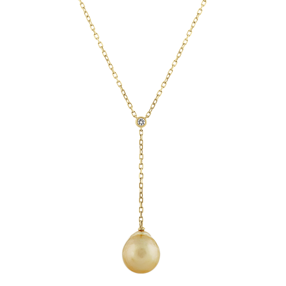 10mm Golden Baroque Pearl and Diamond Y Necklace in 14k Yellow Gold (18 in)