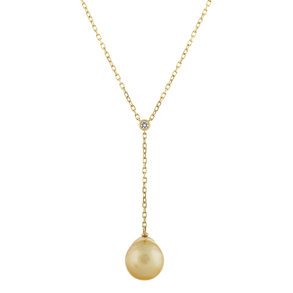 10mm Golden Baroque Pearl and Diamond Y Necklace in 14k Yellow Gold (18'')