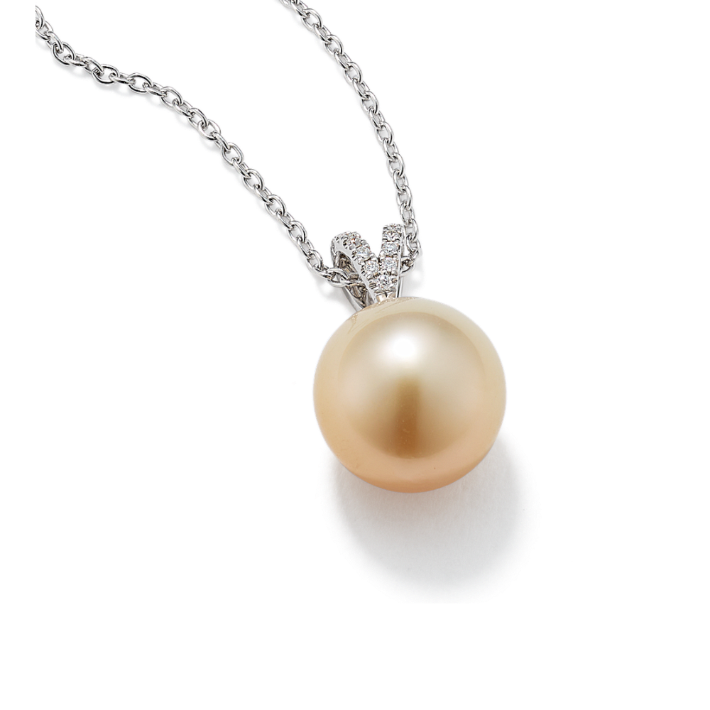 10mm Golden Cultured South Sea Pearl & Natural Diamond Pendant (22 in)