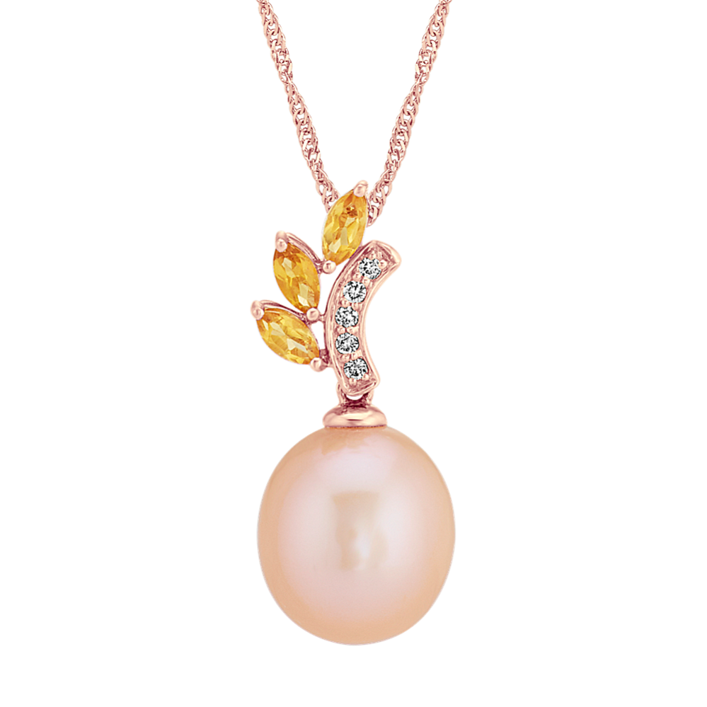 10mm Cultured Pearl	 Citrine and Diamond Pendant (20 in)
