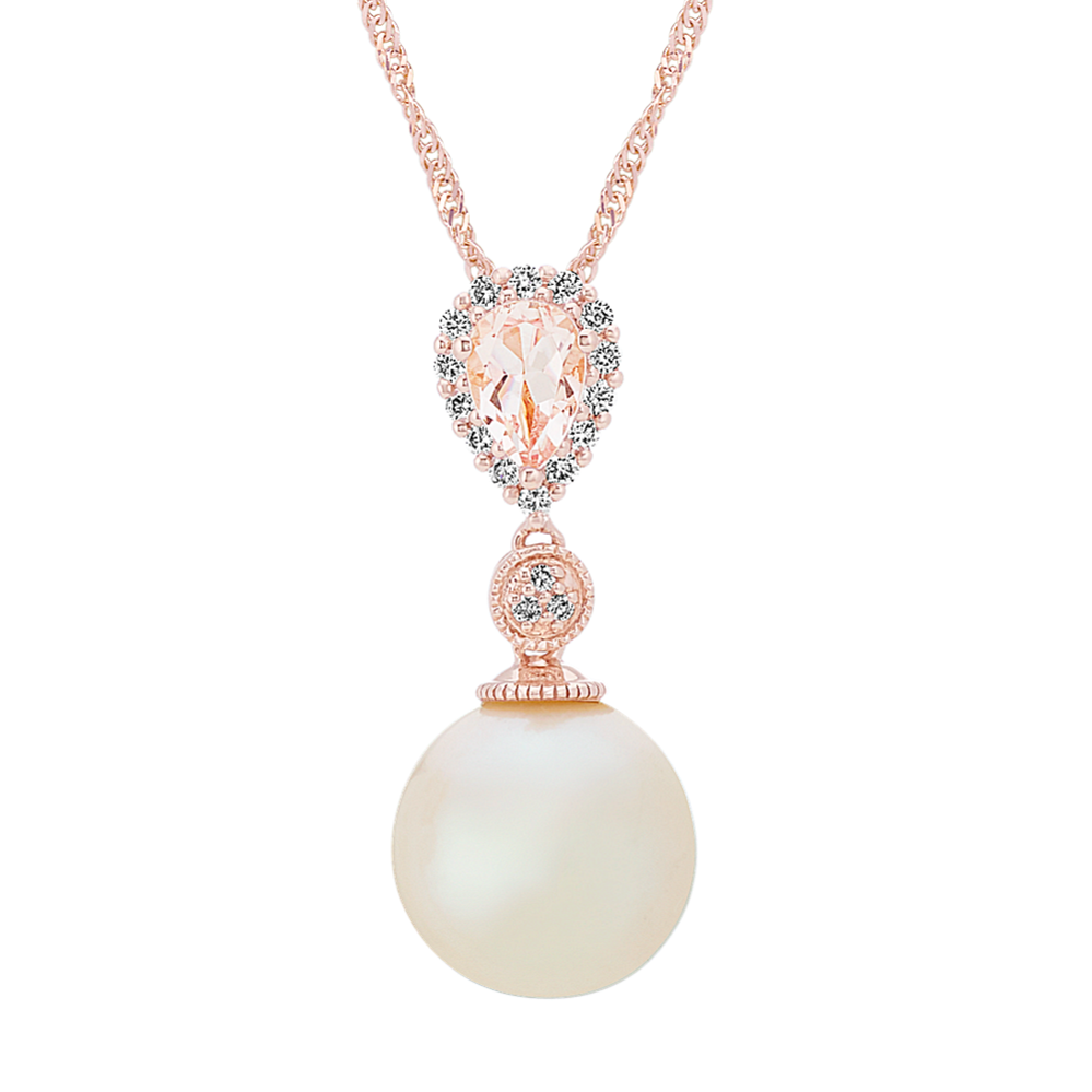 10mm Cultured Pearl Morganite and Diamond Pendant (22 in)