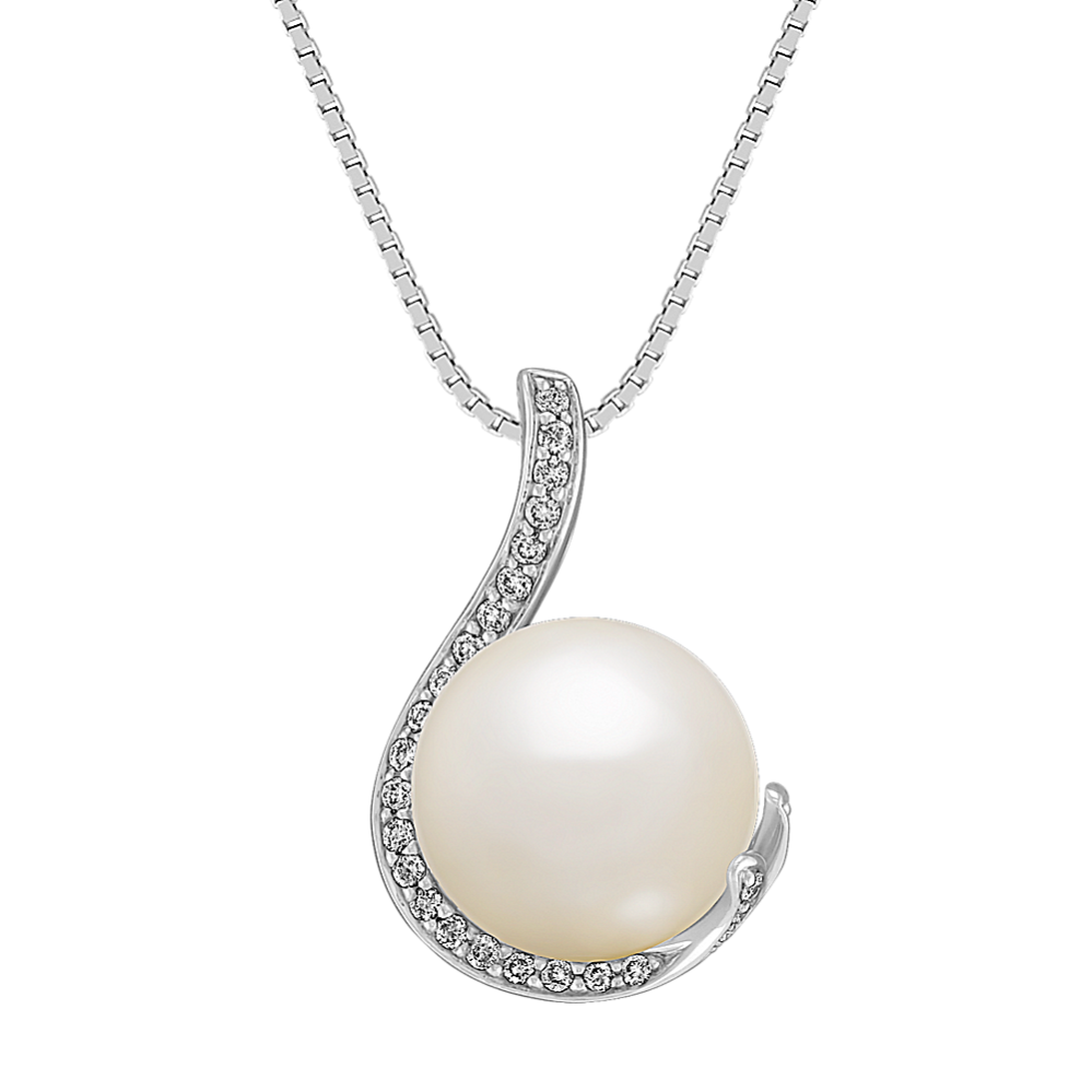 11mm South Sea Cultured Pearl and Round Diamond Swirl Pendant (18 in)