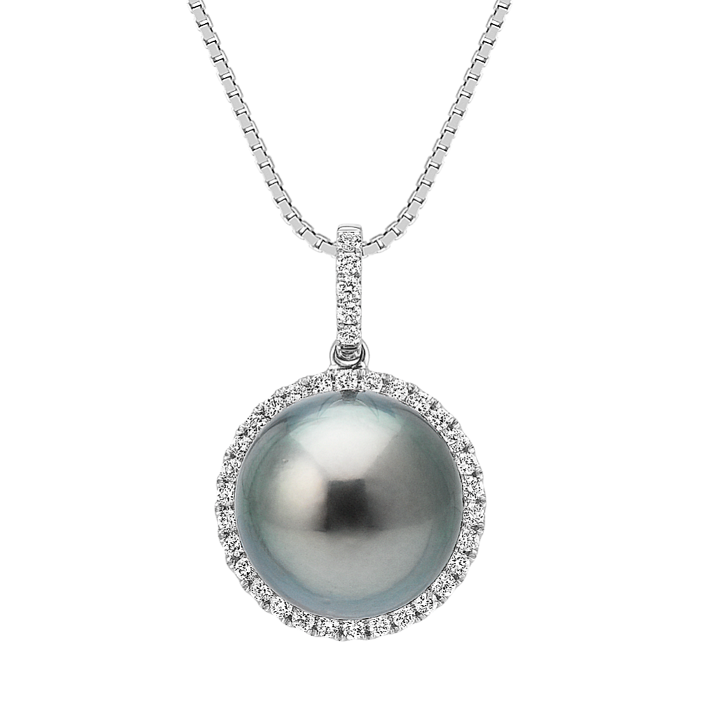 11mm Tahitian Cultured Pearl and Diamond Halo Pendant (18 in)
