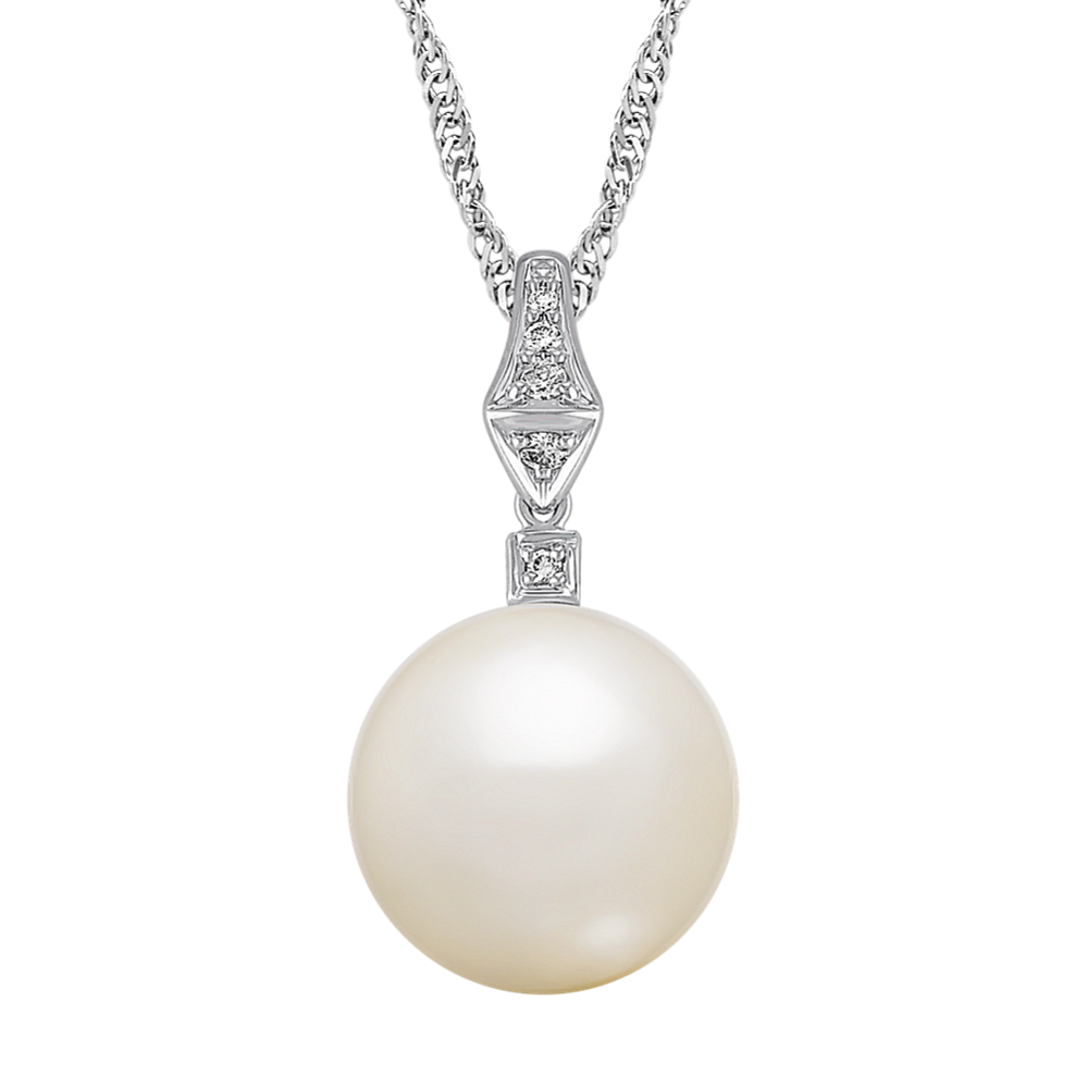 12mm Freshwater Cultured Pearl and Diamond Pendant in Sterling Silver (20 in)