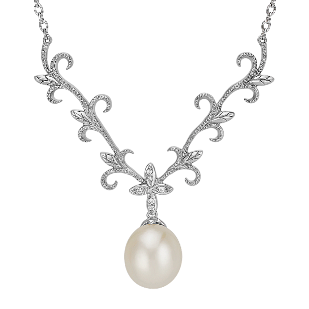 12mm Freshwater Cultured Pearl and Round Diamond Lavalier Necklace (18'')