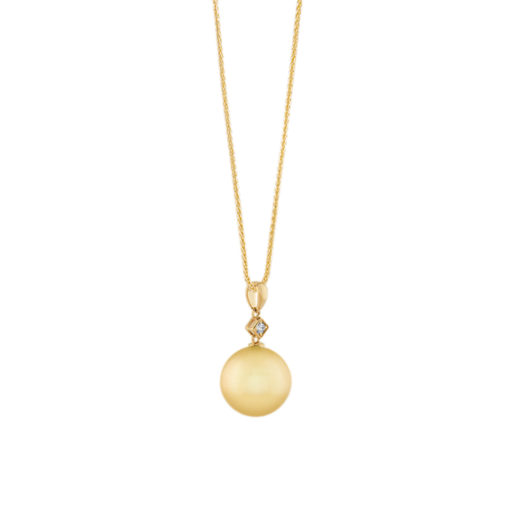 12mm Cultured Golden South Sea Pearl and Natural Diamond Pendant (22 in)