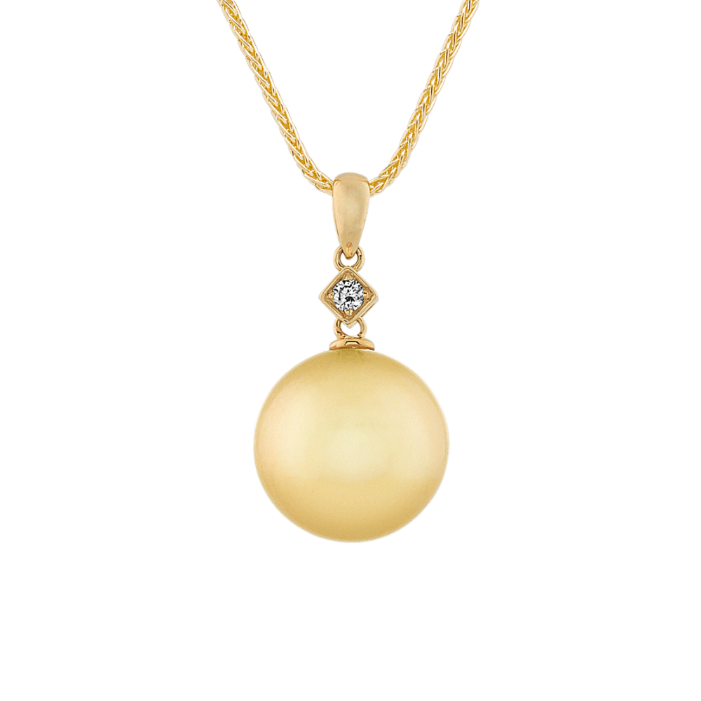 12mm Cultured Golden South Sea Pearl and Natural Diamond Pendant (22 in)
