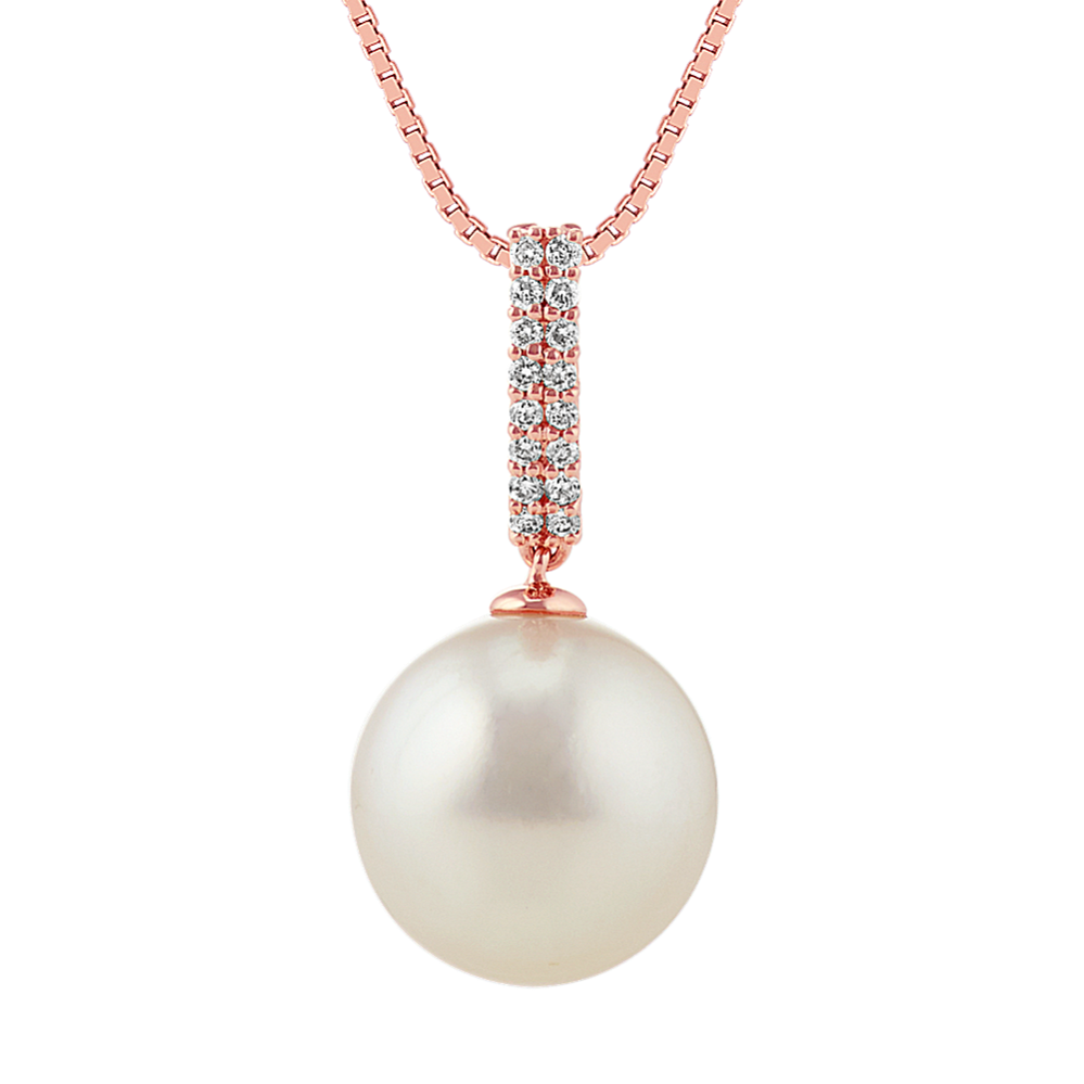 12mm South Sea Cultured Pearl and Round Diamond Pendant in Rose Gold (18 in)