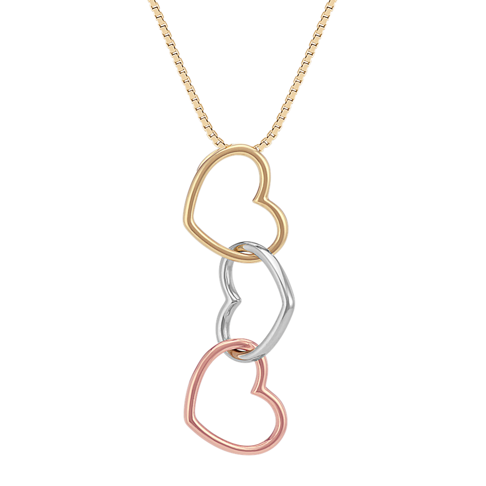 14k Yellow, White and Rose Gold Triple Heart Pendant (18 in)