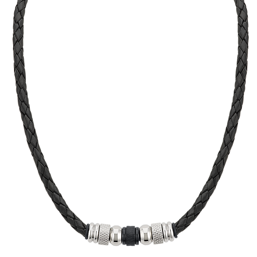19.5 inch Mens Black Leather and Stainless Steel Necklace