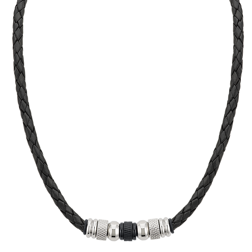 19.5'' Mens Black Leather and Stainless Steel Necklace