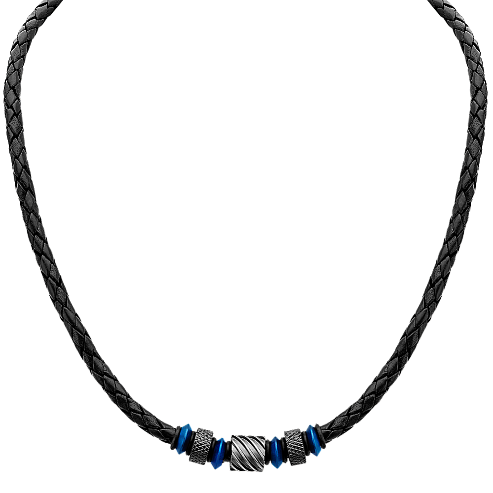 19.5 inch Mens Leather and Stainless Steel Necklace