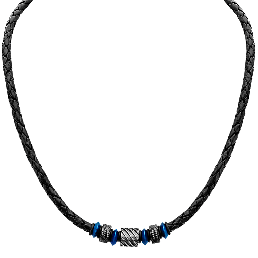 19.5'' Mens Leather and Stainless Steel Necklace
