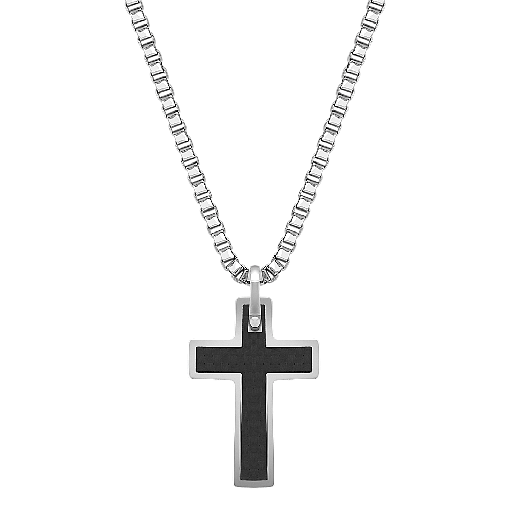 20 inch Mens Stainless Steel and Carbon Fiber Cross Necklace Shane Co.