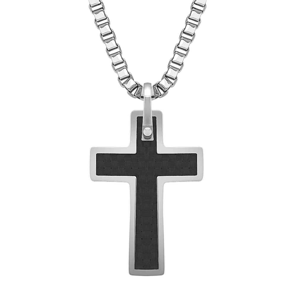 20 inch Mens Stainless Steel and Carbon Fiber Cross Necklace