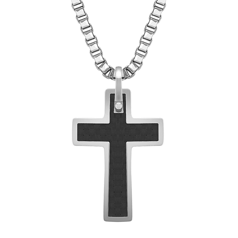 20'' Mens Stainless Steel and Carbon Fiber Cross Necklace