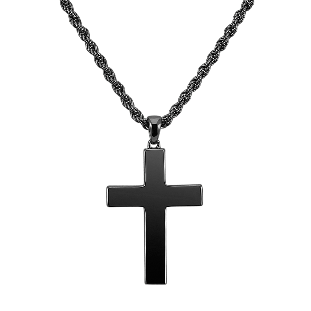 22'' Mens Black Rhodium Sterling Silver Cross Necklace