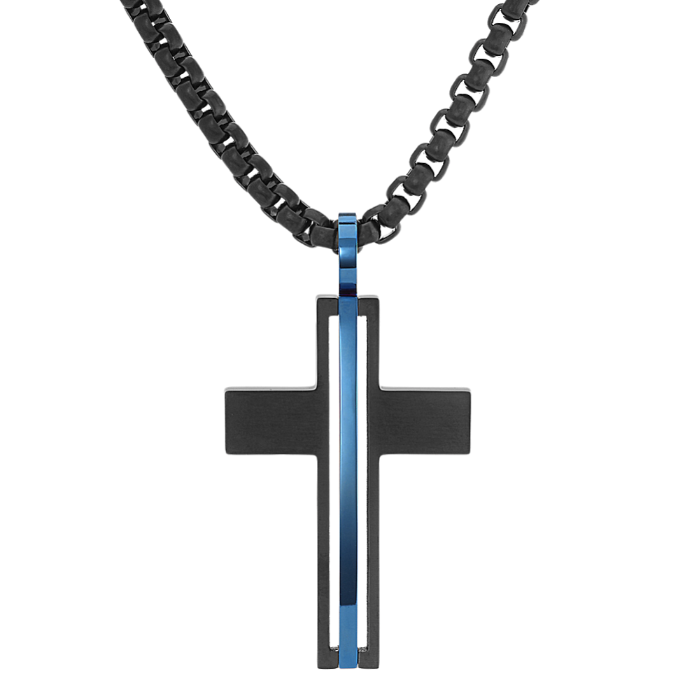 24 inch Mens Cross Necklace in Stainless Steel with Blue Ionic Plating