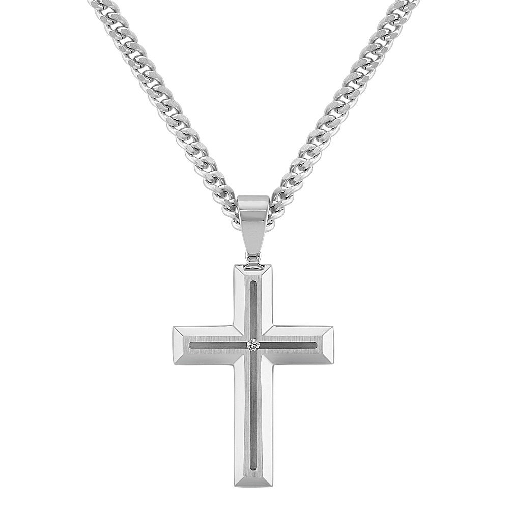 24 inch Mens Diamond Cross Necklace in Stainless Steel