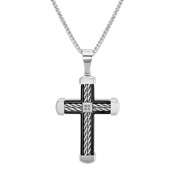 24'' Mens Diamond Cross Necklace in Stainless Steel