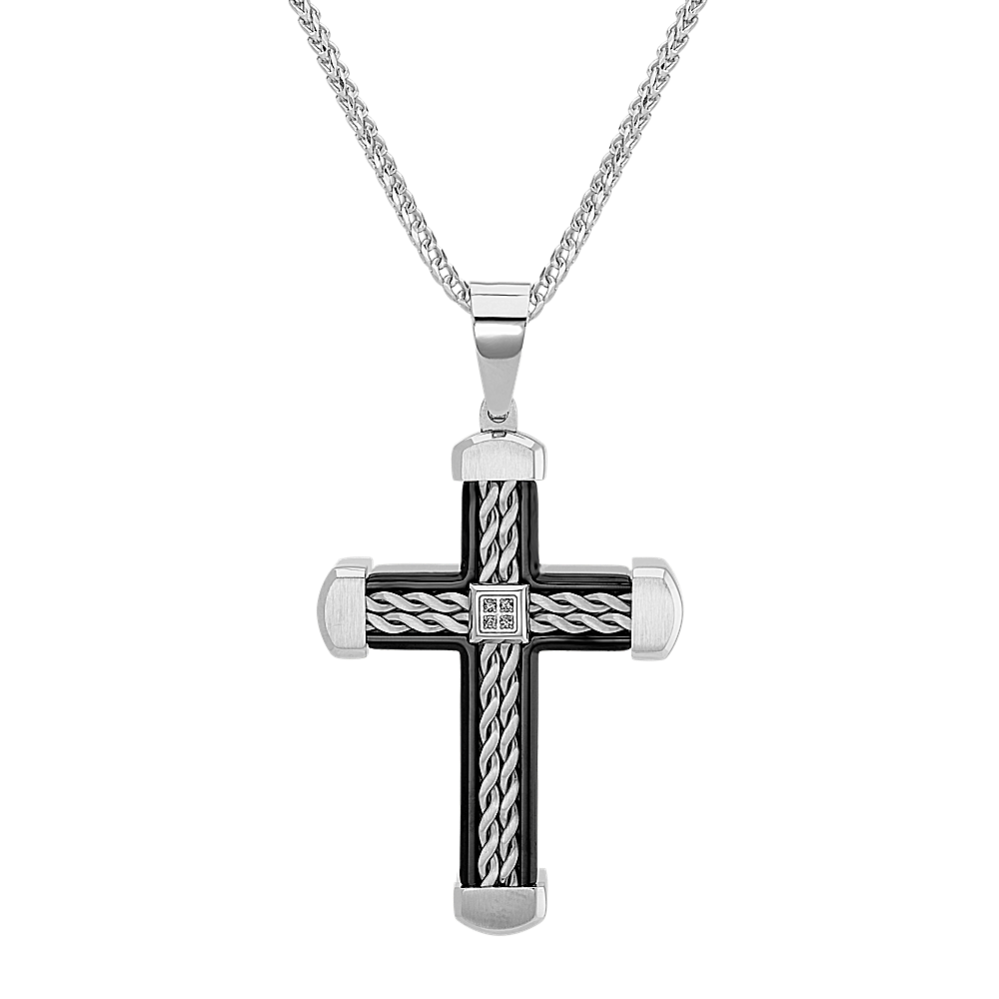 24 inch Mens Diamond Cross Necklace in Stainless Steel