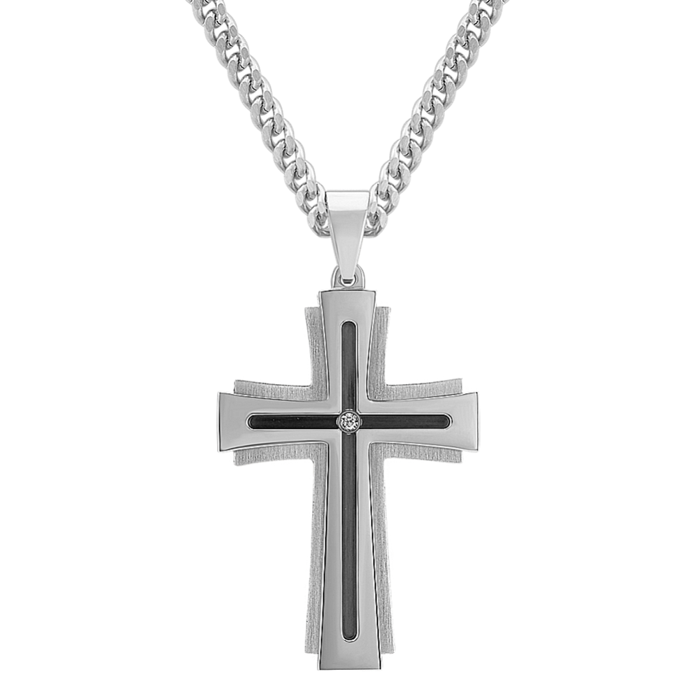 24 inch Mens Diamond and Stainless Steel Cross Necklace