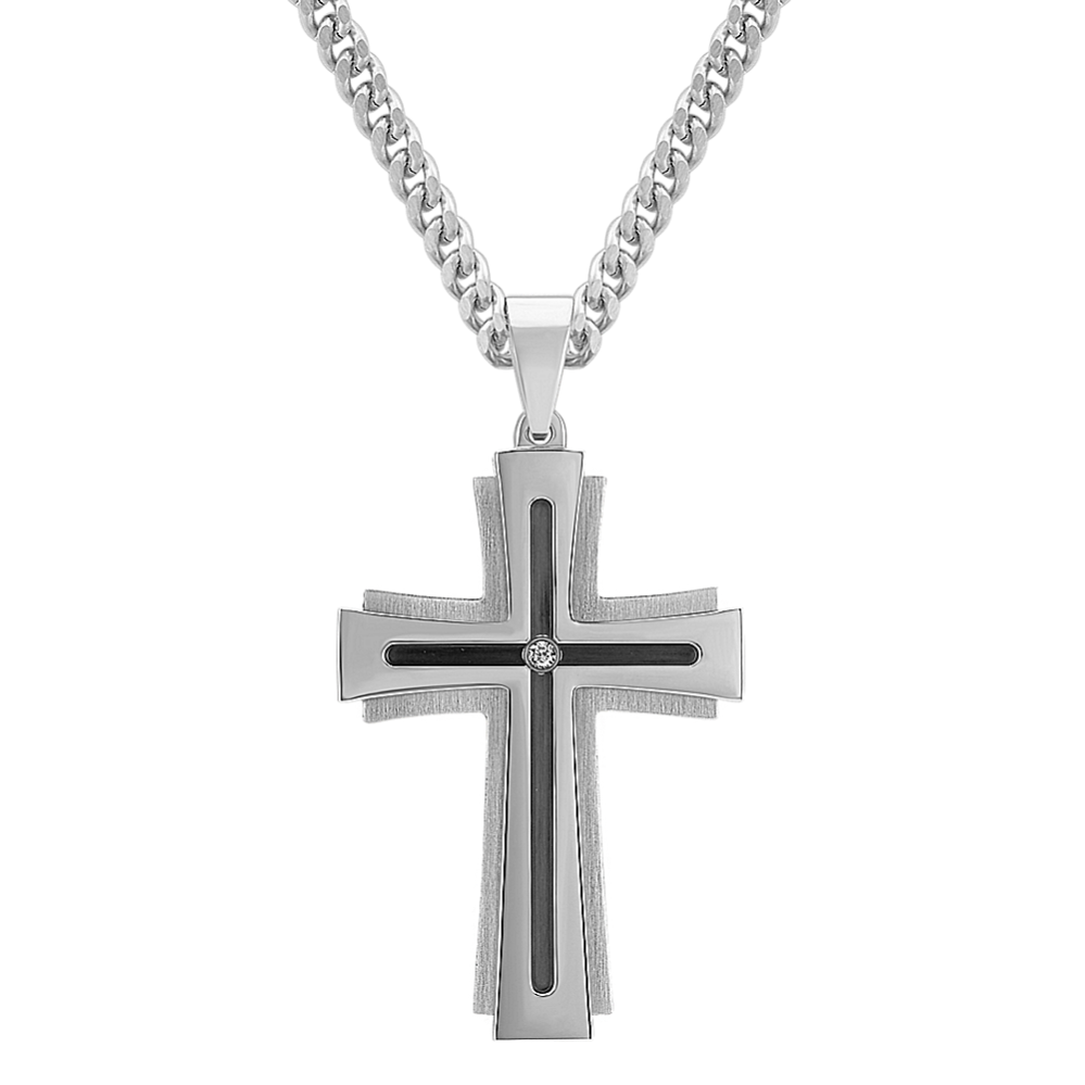 24'' Mens Diamond and Stainless Steel Cross Necklace