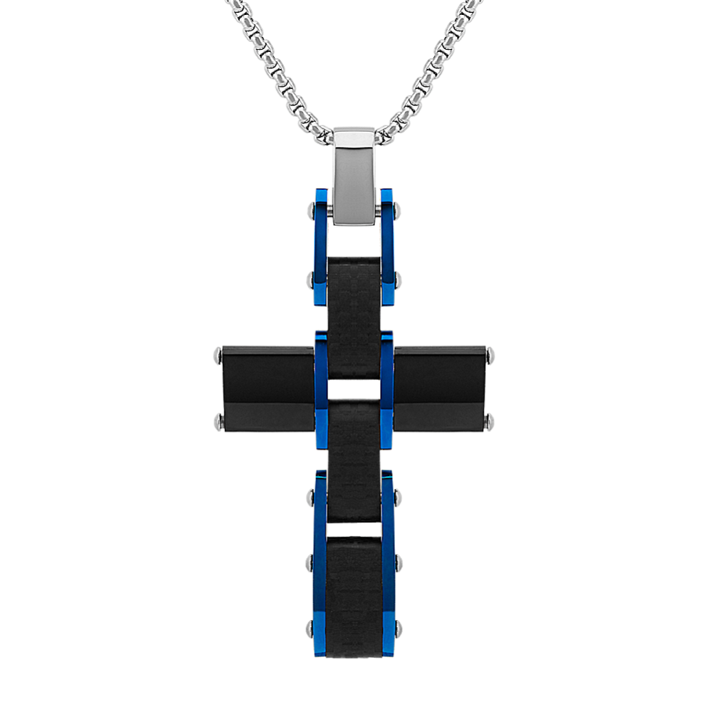 24 inch Mens Stainless Steal Cross Necklace with Blue Ionic Plating