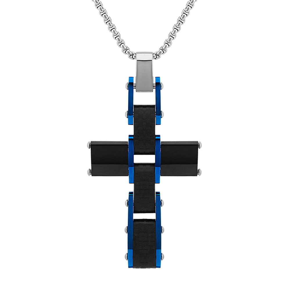 24'' Mens Stainless Steal Cross Necklace with Blue Ionic Plating