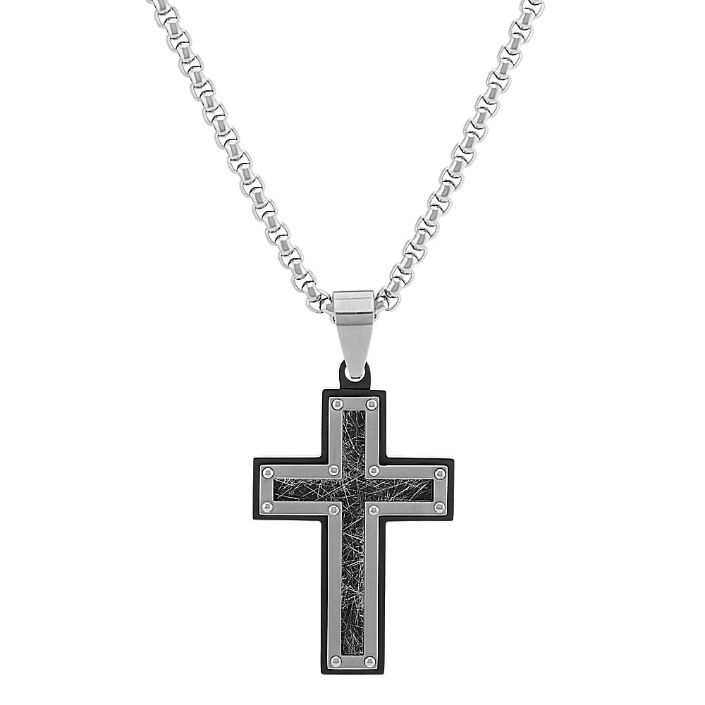 24 inch Mens Stainless Steel Cross Necklace with Black Ionic Plating ...