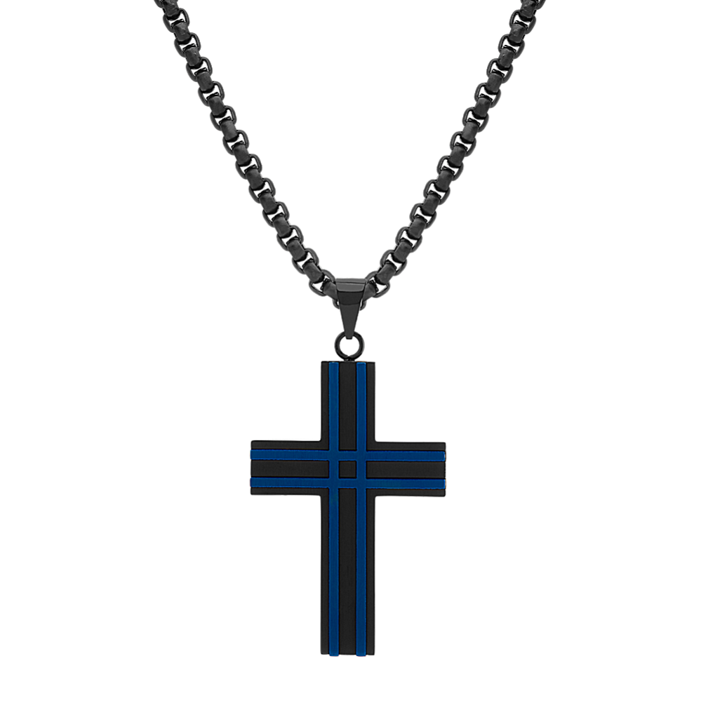 24 inch Mens Stainless Steel Cross Necklace with Black and Blue Ionic Plating