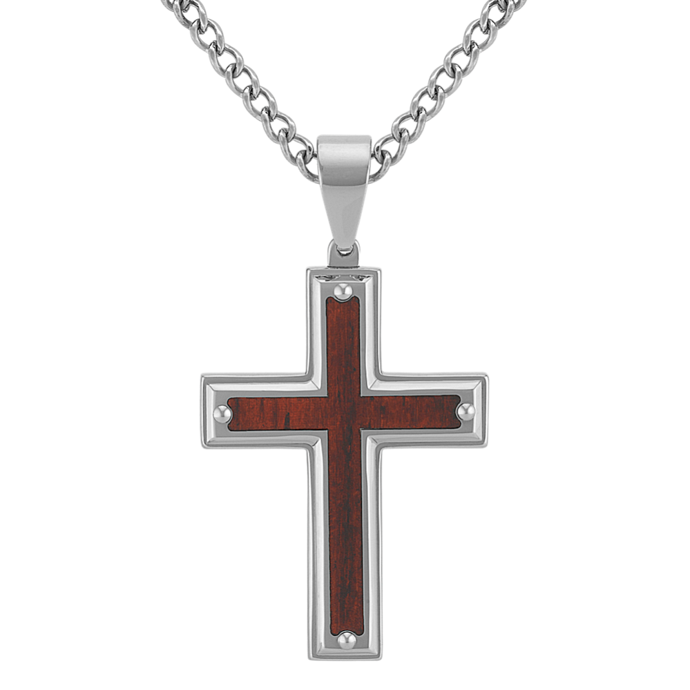 24'' Mens Stainless Steel Cross Necklace with Faux-Wood Inlay