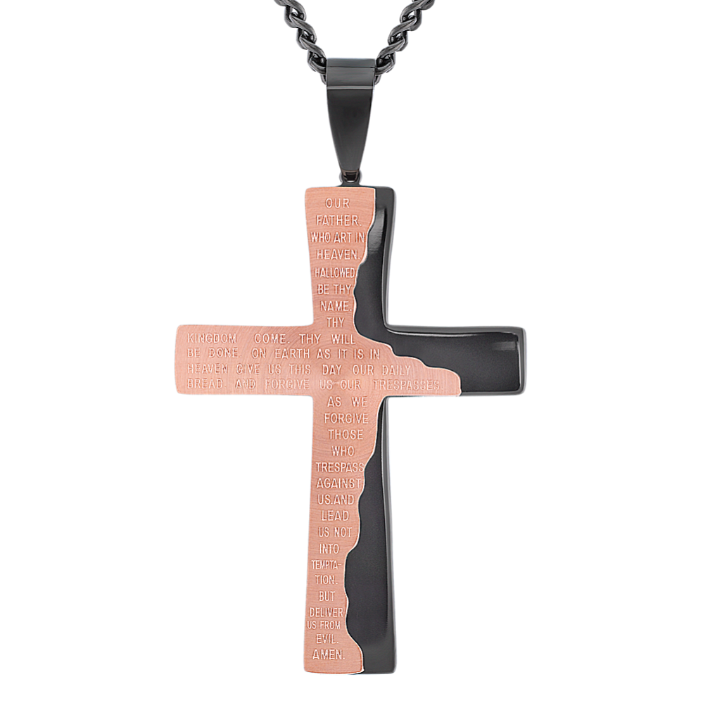 24 inch Mens Stainless Steel Cross with Rose and Black Plating