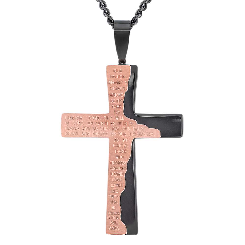 24'' Mens Stainless Steel Cross with Rose and Black Plating