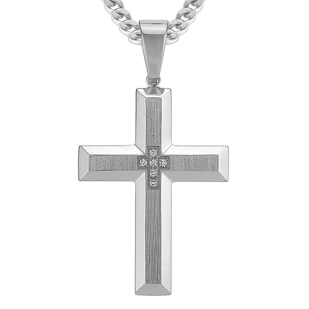 24 inch Mens Stainless Steel Diamond Cross Necklace