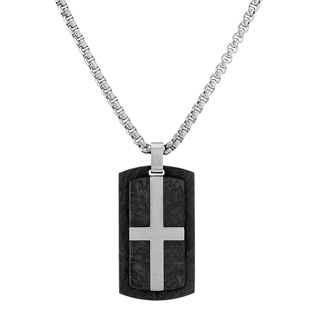 24 inch Mens Stainless Steel and Carbon Fiber Dog Tag Necklace