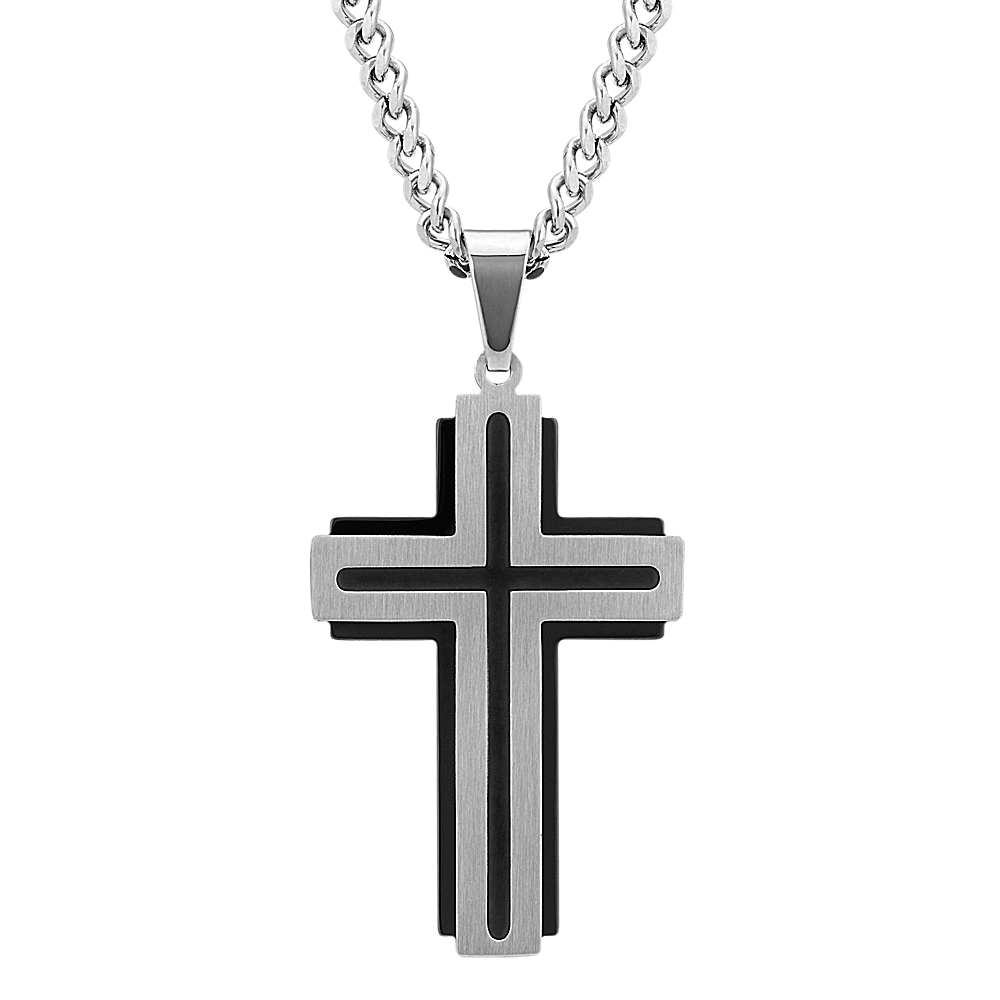 24 inch Mens Two-Tone Dimensional Cross Necklace in Stainless Steel ...