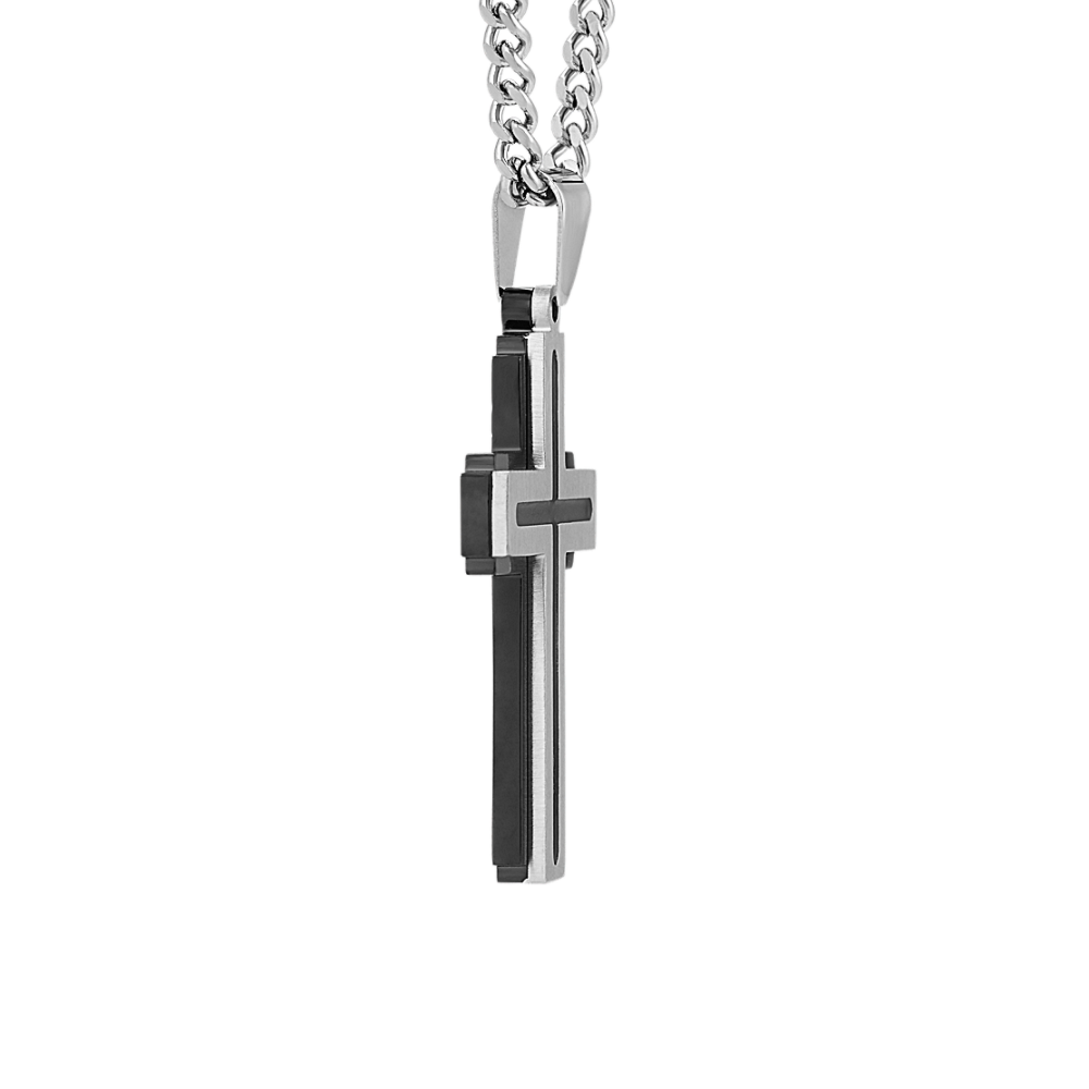 24 inch Mens TwoTone Dimensional Cross Necklace in Stainless Steel
