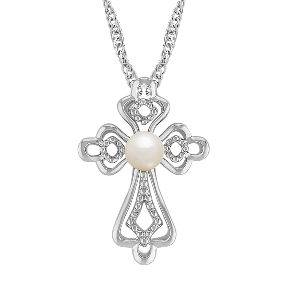 4.5mm Freshwater Cultured Pearl and Sterling Silver Cross Pendant (20 in)