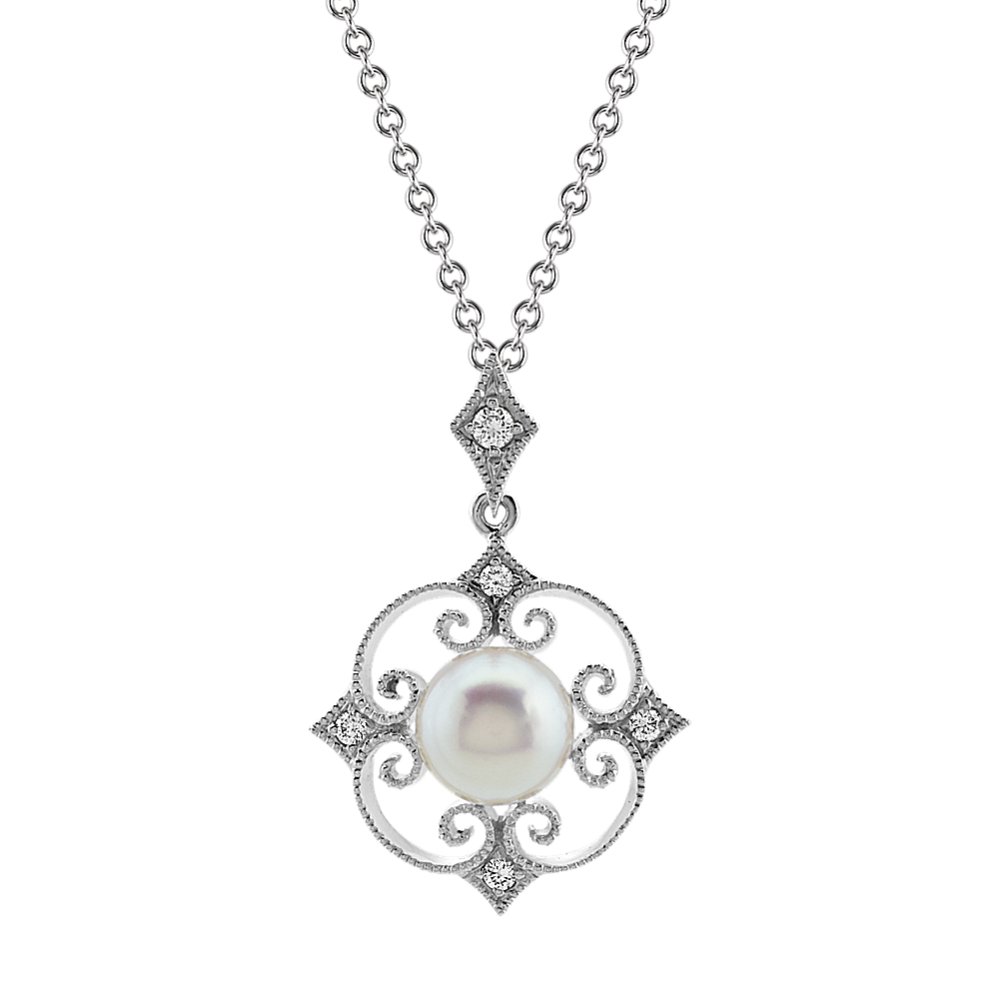 5.5mm Akoya Cultured Pearl and Diamond Vintage Pendant (18 in)