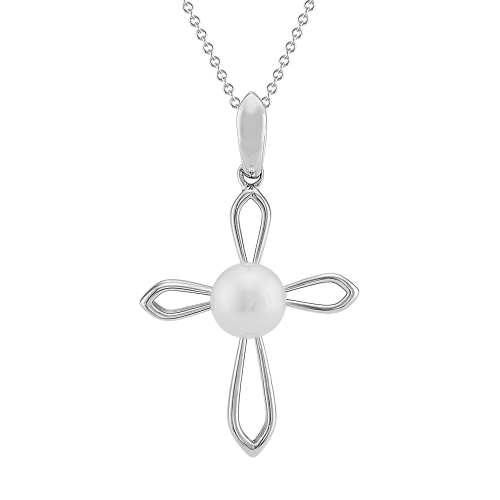 5mm Freshwater Cultured Pearl Cross Pendant (20 in)