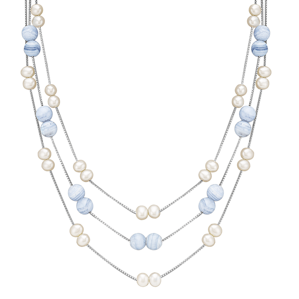 5mm Freshwater Cultured Pearl and Blue Lace Agate Layered Necklace in Sterling Silver (18 in)