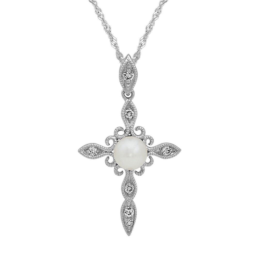 5mm Cultured Pearl & Diamond Vintage Cross Pendant (18'')