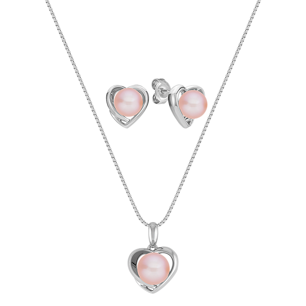 6.5-8mm Pink Freshwater Cultured Pearl and Sterling Silver Pendant and Earring Set