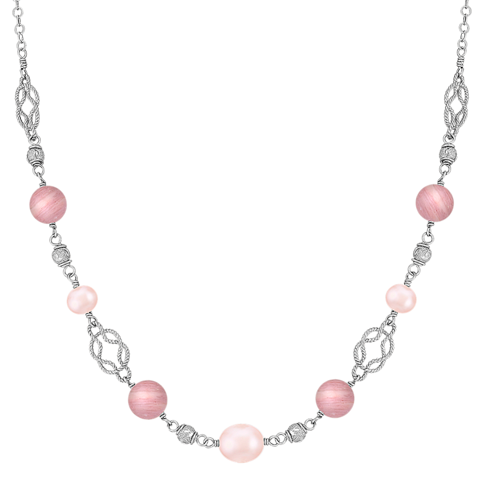 6.5-9mm Pink Freshwater Cultured Pearl and Rhodonite Necklace (20'')