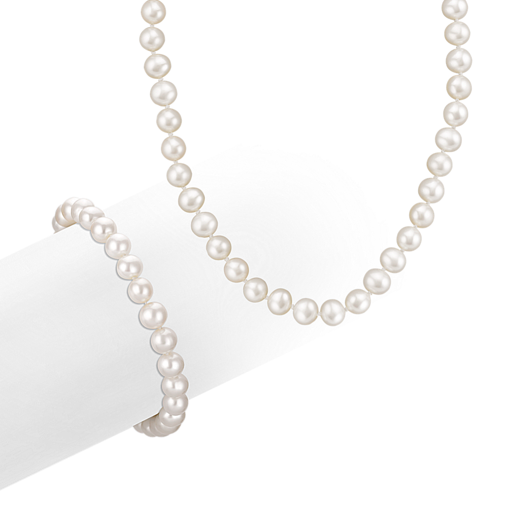 6.5mm Freshwater Cultured Pearl Necklace and Bracelet Set in Sterling Silver (18 in)