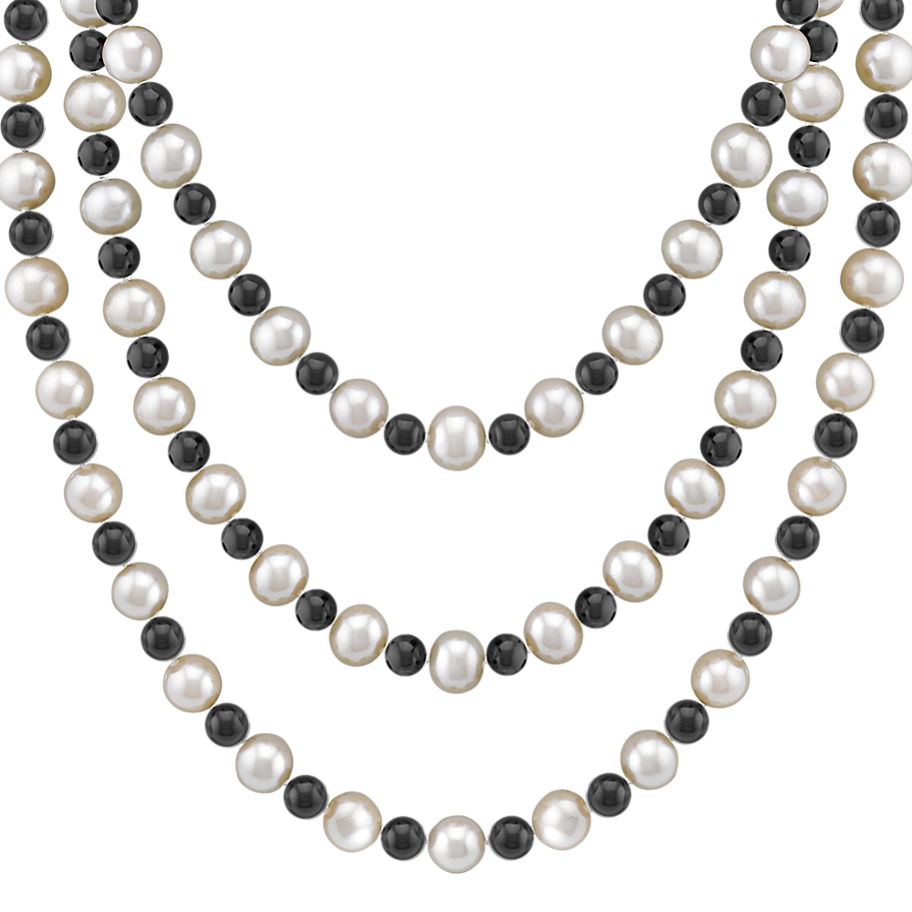 6.5mm Freshwater Cultured Pearl and Black Agate Strand (65 in)