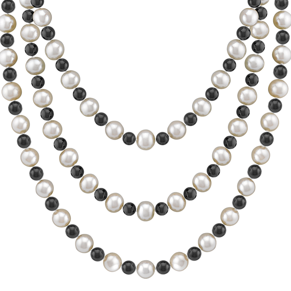 6.5mm Freshwater Cultured Pearl and Black Agate Strand (65'')
