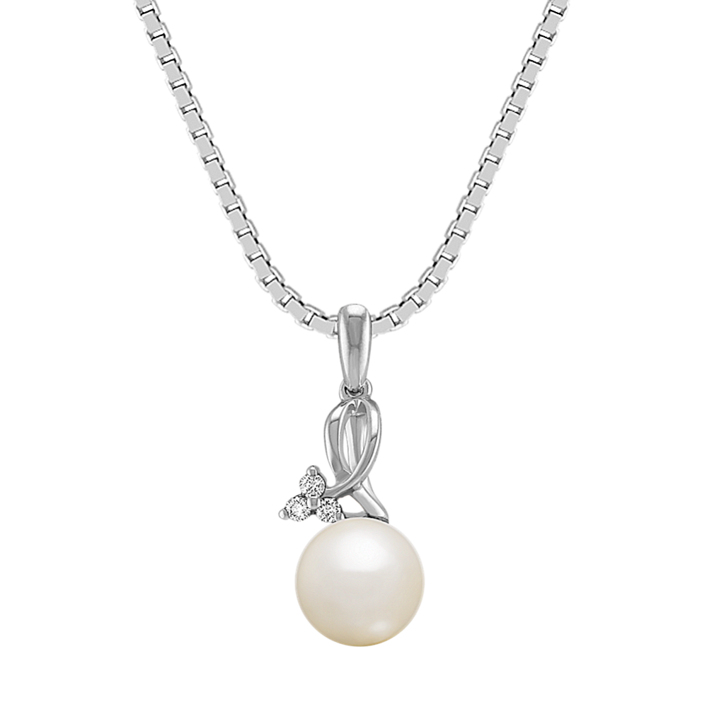 6.5mm Freshwater Cultured Pearl and Diamond Sterling Silver Pendant (18 in)