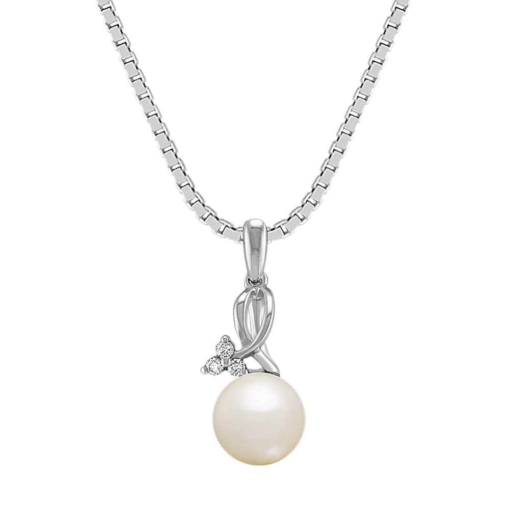 6.5mm Freshwater Cultured Pearl and Diamond Sterling Silver Pendant (18'')